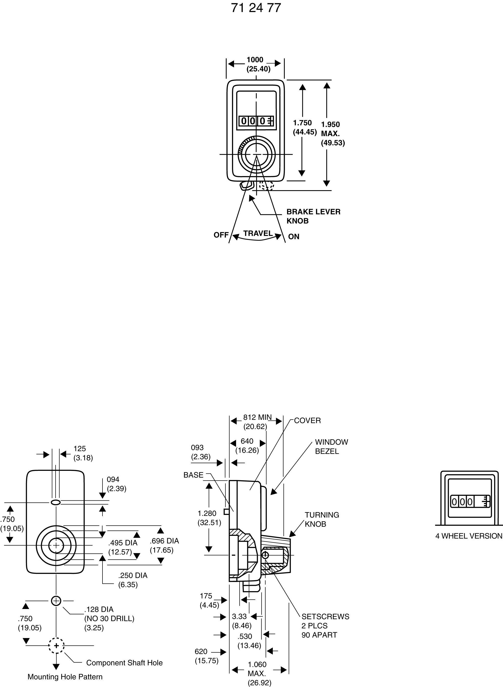 Disegno tecnico di un contatore meccanico con diverse viste e dimensioni. Mostra la leva del freno, la manopola di regolazione e la posizione di montaggio.