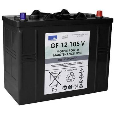 Batteria nera con adesivo; scritta 'GF 12 105 V', 'motive power senza manutenzione', simboli di sicurezza e ambiente.