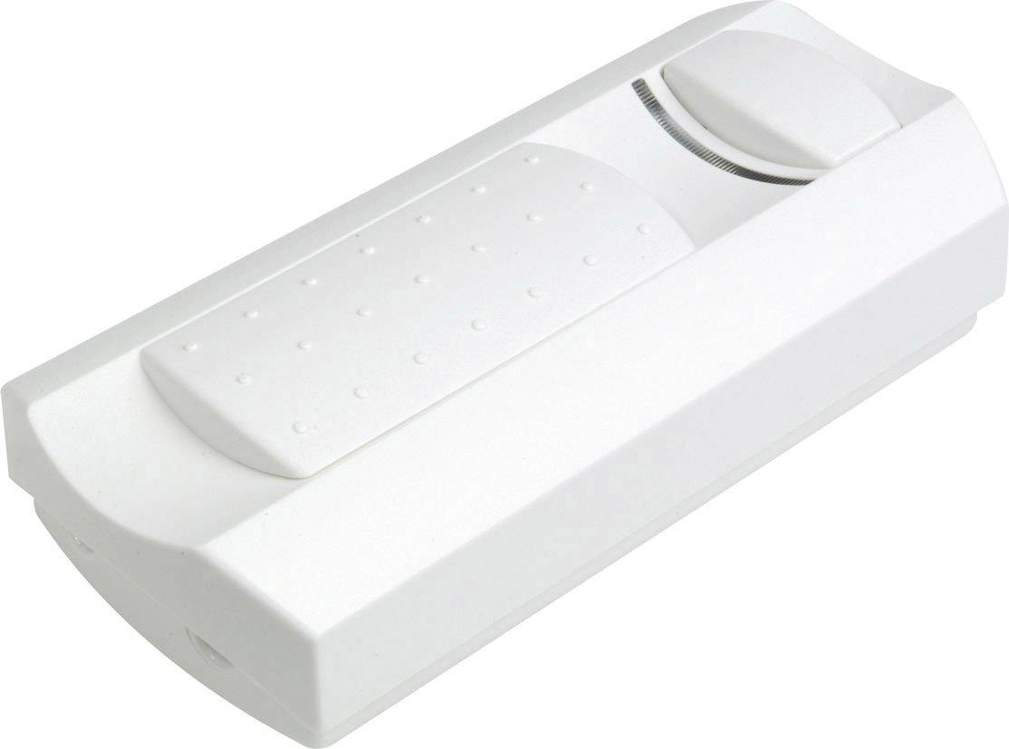 Un corpo bianco, rettangolare per telecomando o interruttore con un tasto strutturato e un ulteriore cursore o regolatore rotativo.