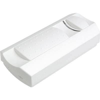 Un corpo bianco, rettangolare per telecomando o interruttore con un tasto strutturato e un ulteriore cursore o regolatore rotativo.