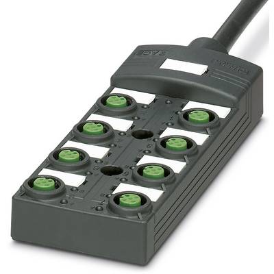 Un blocco distributore industriale con otto slot verdi per connessioni cavi, utilizzato in sistemi automatizzati.