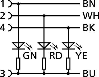 'Schema di collegamento di un modulo a 4 LED con connessione di cavi marrone (BN), bianco (WH), nero (BK) e blu (BU). LED: Verde (GN), Rosso (RD), Giallo (YE).'
