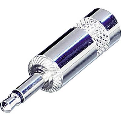 Un singolo spinotto metallico con impugnatura zigrinata, tipico delle connessioni audio, poggia su uno sfondo bianco.