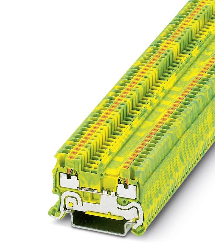 Blocco morsetti in serie giallo-verde con connessioni multi-livello per il montaggio di elettronica industriale, con un pattern superficiale intensamente strutturato.