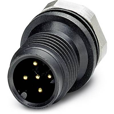 Un connettore nero e rotondo con cinque contatti dorati all'interno, circondato da una filettatura e dado esagonale.