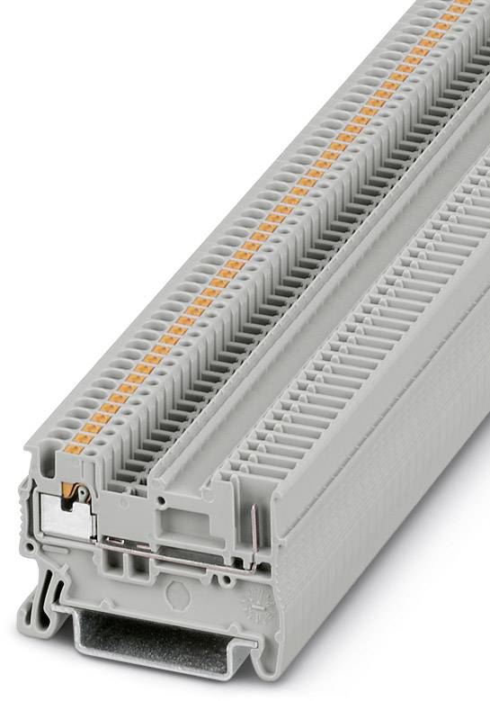 Un modulo di morsetti a barra grigio con contatti arancioni, utilizzato nel cablaggio elettrico per il collegamento sicuro dei fili.