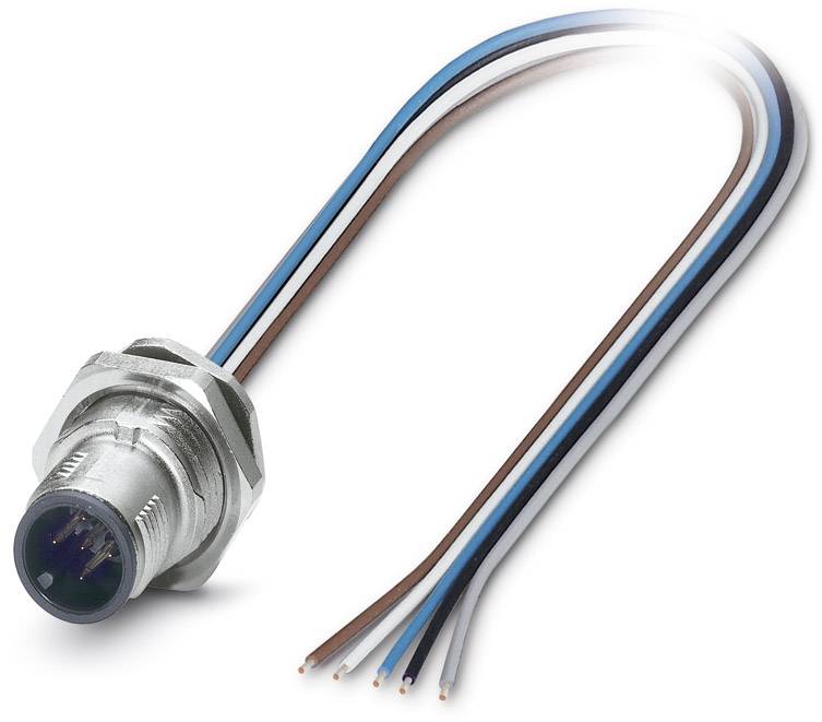Connettore metallico con cinque fili colorati: blu, bianco, nero, marrone e grigio. Connettore per connessioni elettroniche.