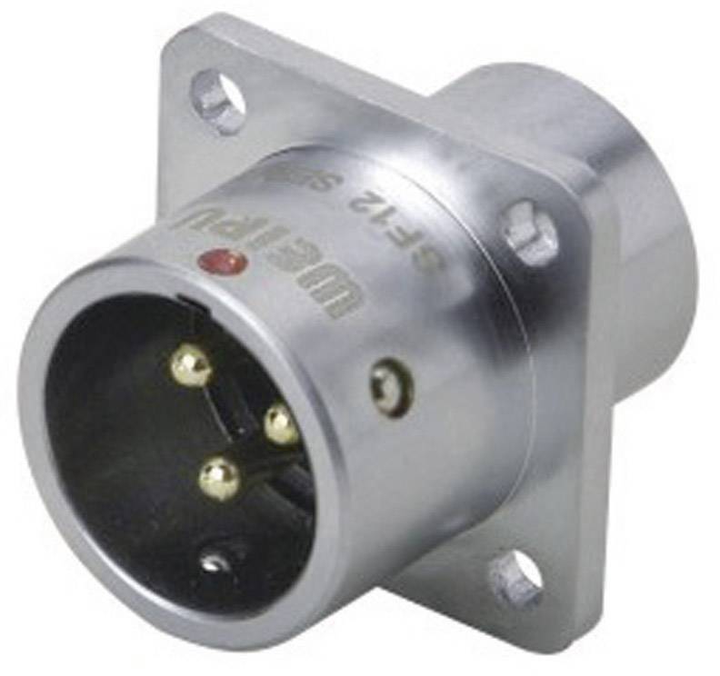 Un connettore argentato con tre pin metallici, utilizzato per connessioni elettriche in dispositivi audio.