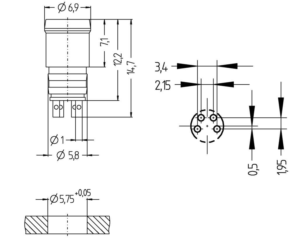 Disegno tecnico di un componente elettronico con dimensioni in millimetri. Mostra la vista dall'alto e la vista laterale con indicazioni delle misure.