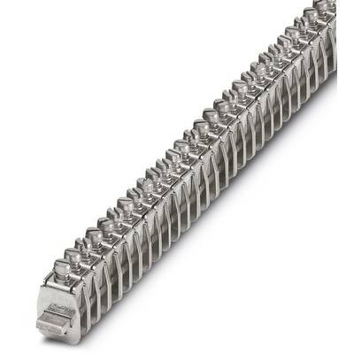 Guida metallica con tacche uniformi e viti lungo la superficie superiore. Utilizzata per connessioni elettriche o messa a terra.