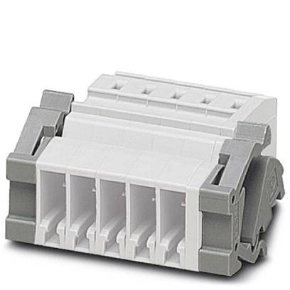 Un modulo elettrico bianco-grigio con più prese, idoneo al collegamento di linee elettriche.