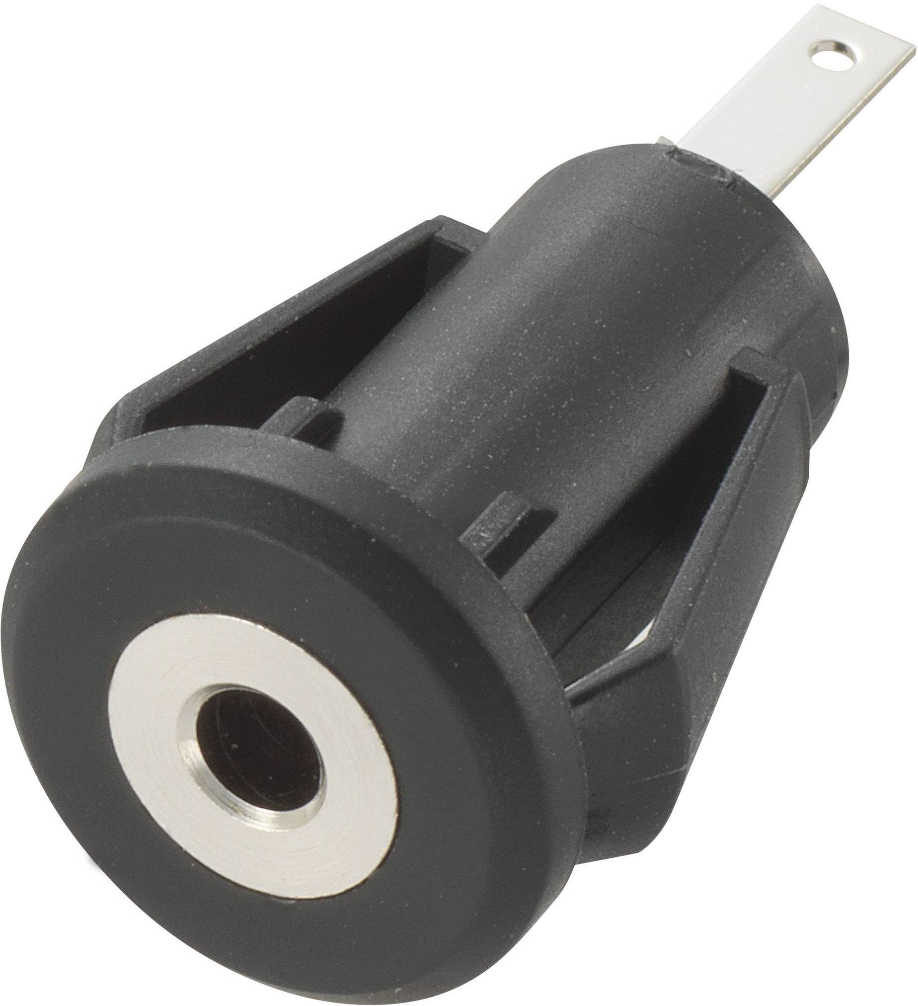 Testa di pulsante nero in plastica con anello metallico rotondo al centro. Adatto per dispositivi elettronici o circuiti.