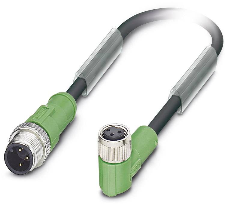 Un cavo verde con un connettore dritto su un lato e un connettore ad angolo sull'altro, specificatamente progettato per applicazioni industriali.
