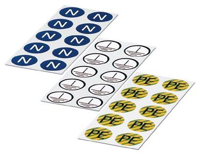 Tre blocchi di adesivi: cerchi blu con 'N', barche a vela nere, cerchi gialli con 'PE'.