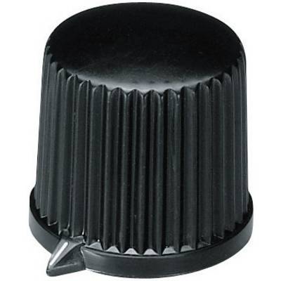 Un bottone di comando nero e scanalato con una piccola freccia alla base, spesso utilizzato per controllare dispositivi o strumenti.