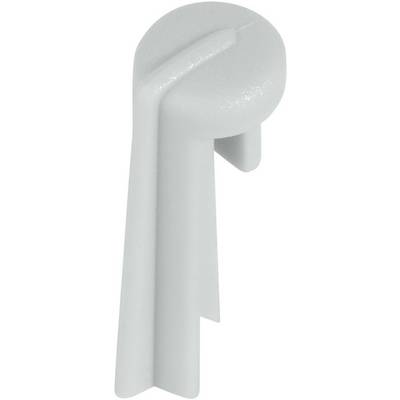 Componente grigia in plastica con parte superiore rotonda e due fessure. Utilizzata come maniglia di controllo o leva di regolazione.