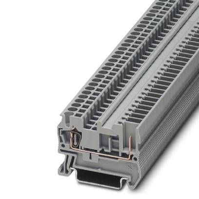 Morsettiera in tonalità di grigio, utilizzata per il collegamento sicuro di conduttori elettrici in installazioni di quadri elettrici.