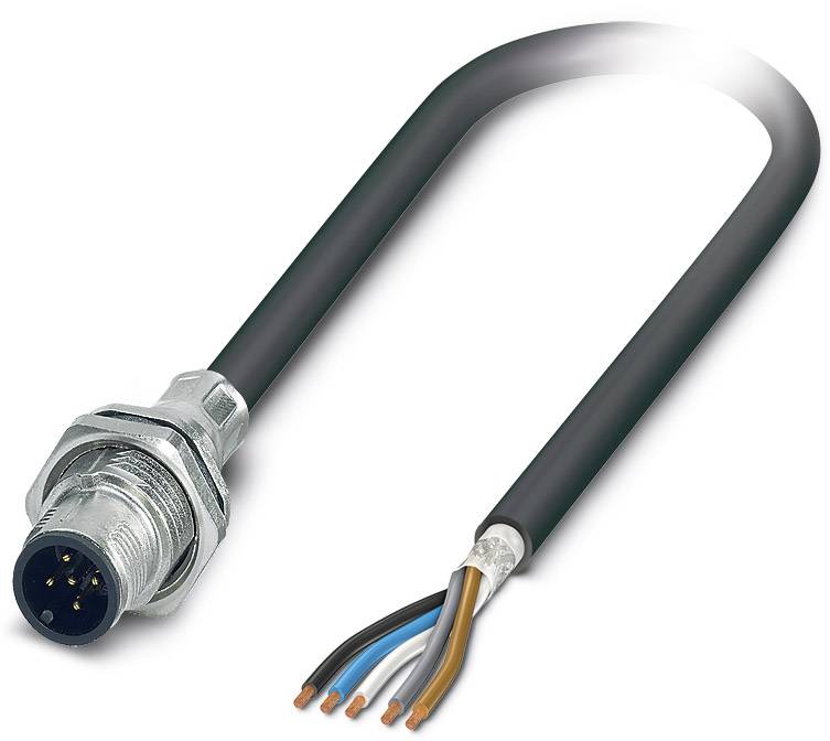 Un cavo nero con un connettore metallico e quattro estremità di fili colorati: marrone, blu, bianco e nero.