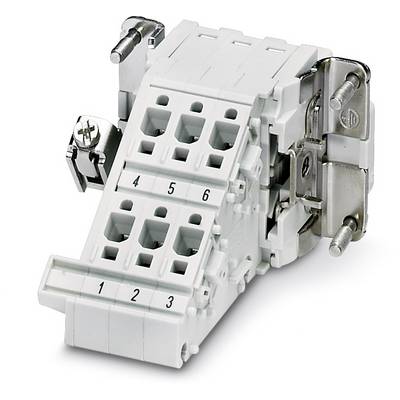 Un connettore elettrico bianco con morsetti numerati (1-6), fissato a un supporto metallico.