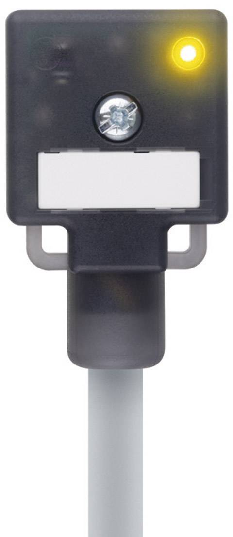 Un sensore nero con un indicatore LED che emette una luce gialla è collegato a un cavo.