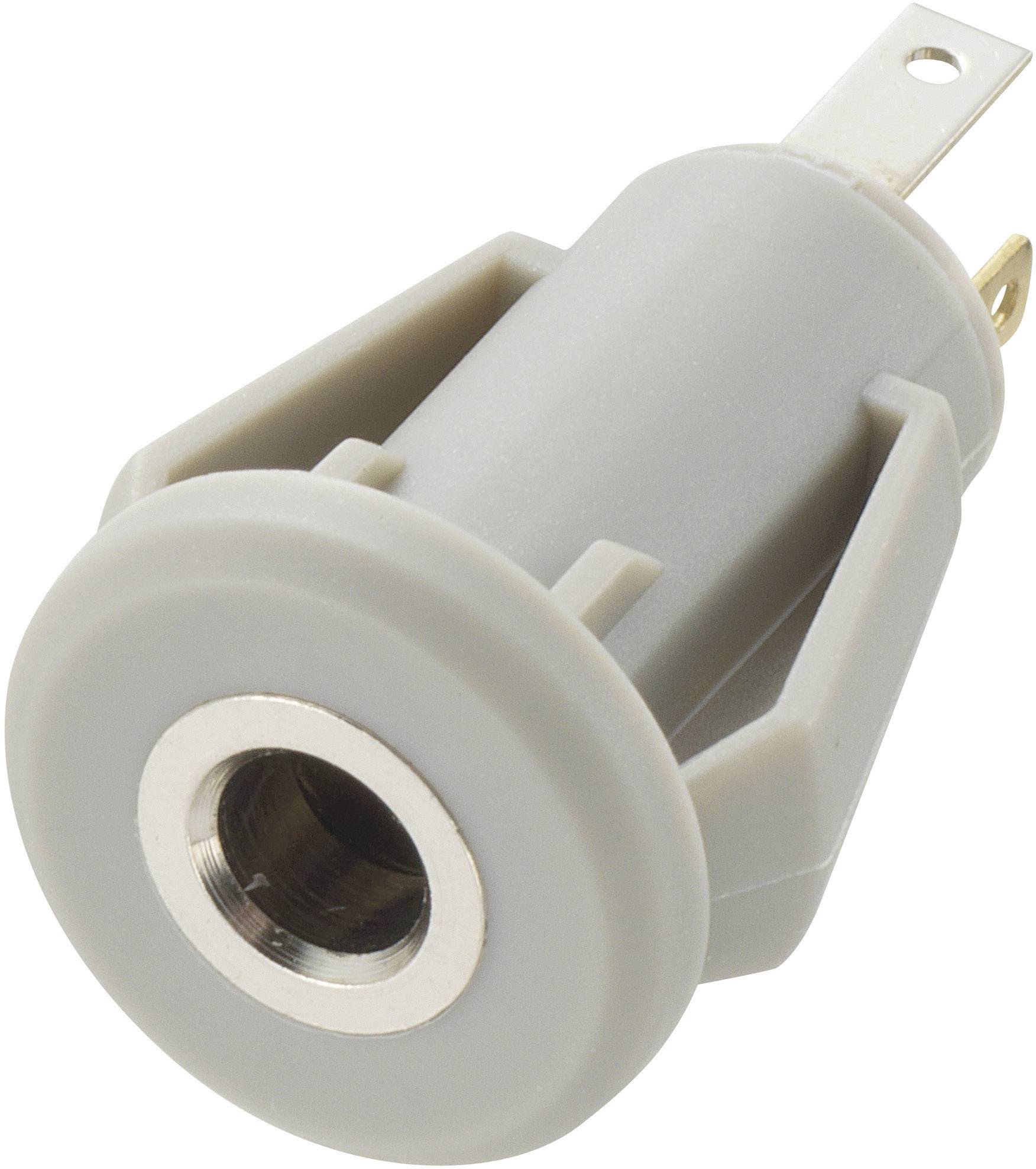 Adattatore cilindrico grigio con connettore metallico e involucro in plastica, con tre pin di connessione.