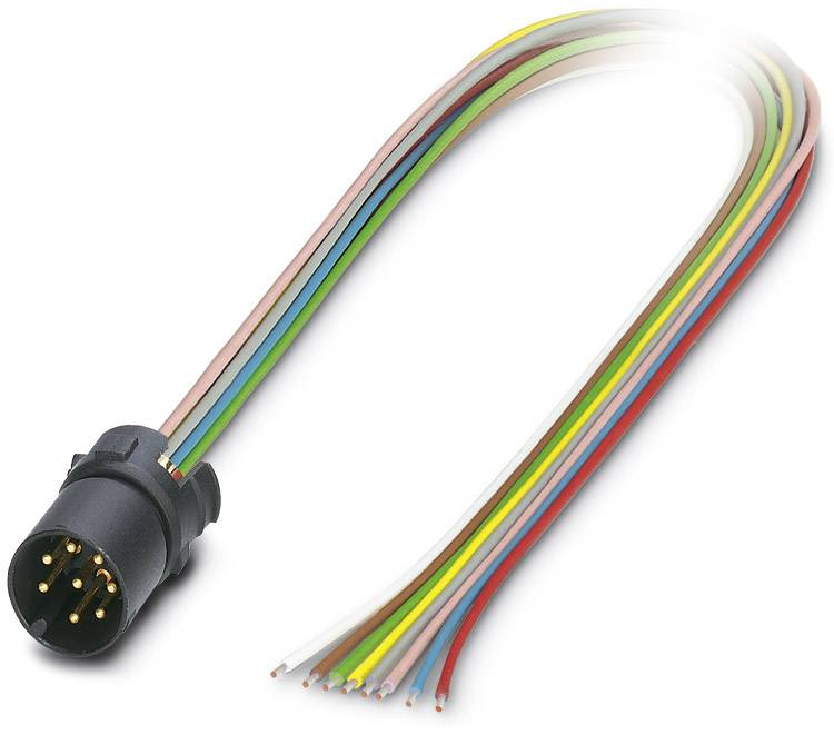 Un fascio di cavi multicolore con un connettore rotondo nero sul lato sinistro. Le estremità dei cavi sono spellate.