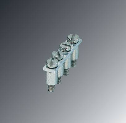 Morsettiera con quattro morsetti a vite, montata su sfondo grigio. Adatta per cablaggi in impianti elettrici.