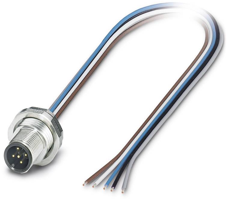 Spinotto metallico con diversi cavi colorati che si diramano da esso. Il connettore ha più pin, idoneo per connessioni elettroniche.