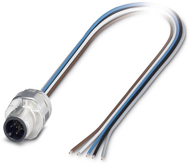 Un connettore circolare con contatti metallici visibili e quattro cavi colorati (blu, marrone, nero, bianco) per il collegamento di dispositivi elettrici.
