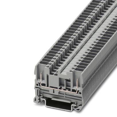 Connettore a barra su guida DIN per collegamento elettrico. Di colore grigio, rettangolare, con più file di morsetti e punti di connessione visibili.
