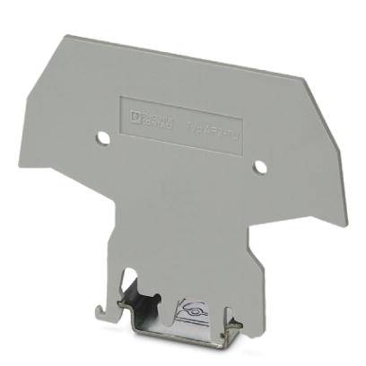 Supporto per clip in metallo grigio con superficie rettangolare superiore, due fori laterali e logo del produttore impresso, utilizzato per il fissaggio.