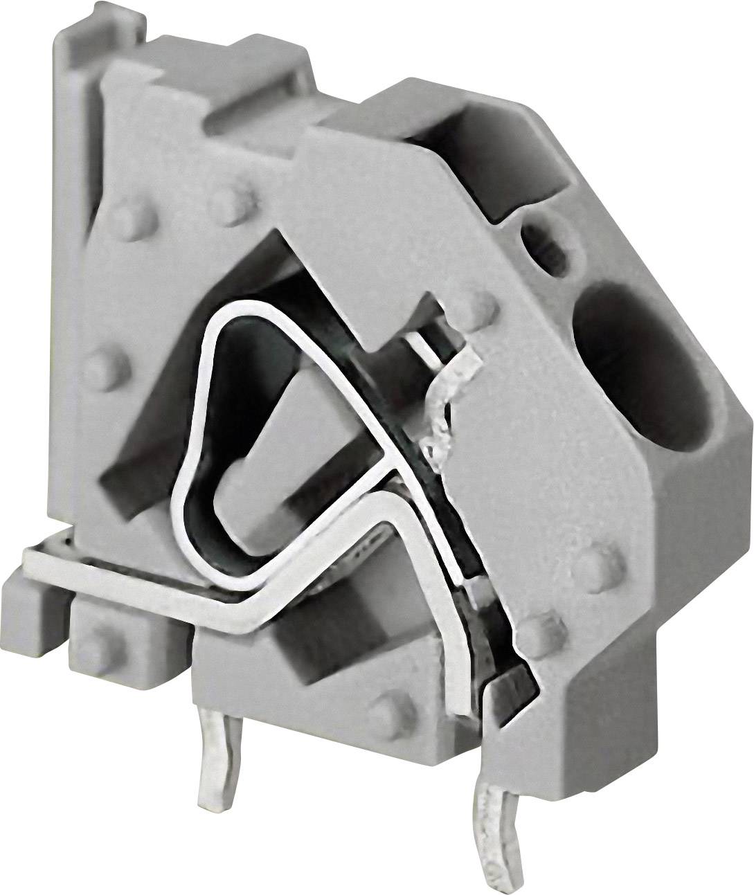 Interruttore grigio in plastica con contatti metallici. Utilizzato per operazioni di commutazione elettrica, vista dettagliata del meccanismo.