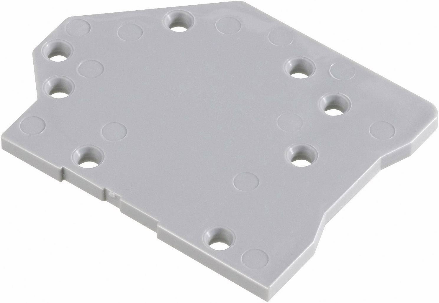 Piastra grigia in plastica con otto fori a distanze variabili. Forma piatta e irregolare, utilizzata come base di fissaggio.