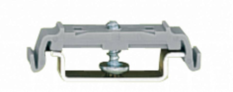 Un pezzo rettangolare grigio in plastica con una vite centrale e un supporto metallico. Adatto al fissaggio di componenti.
