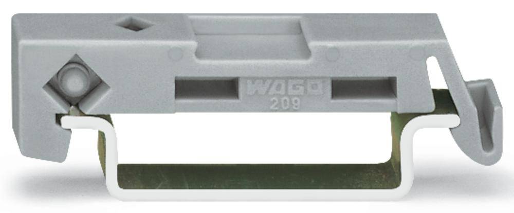 Supporto grigio WAGO 209, vista laterale. Mostra un dispositivo di fissaggio con gancio e un'apertura per i cavi.