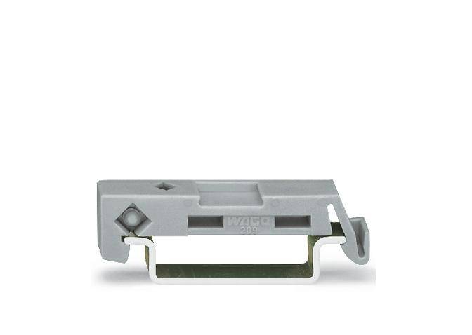 Supporto di fissaggio grigio con apertura rettangolare e gancio di ancoraggio. Utilizzato in quadri elettrici per il fissaggio dei cavi.