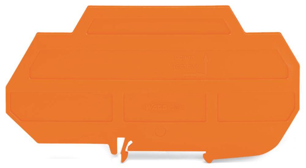 Copertura in plastica arancione con forme geometriche e tagli, probabilmente destinata a uso tecnico o industriale.