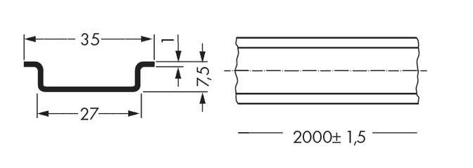 Disegno tecnico di un profilo metallico con dimensioni: larghezza 35 mm, profondità 27 mm, altezza 7,5 mm, lunghezza 2000 ±1,5 mm.