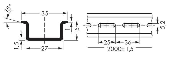Disegno tecnico di un profilo metallico a U con quote: larghezza 27 mm, altezza 15 mm, scanalature con interassi di 25 mm e 36 mm.