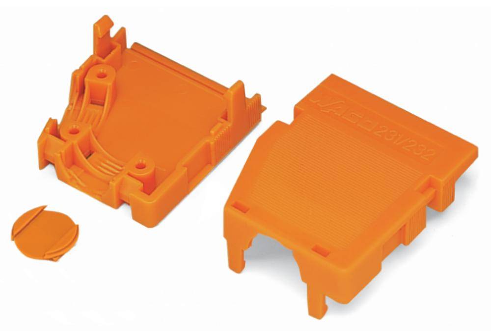 Due coperture di plastica arancioni, una aperta e una chiusa, su sfondo bianco.