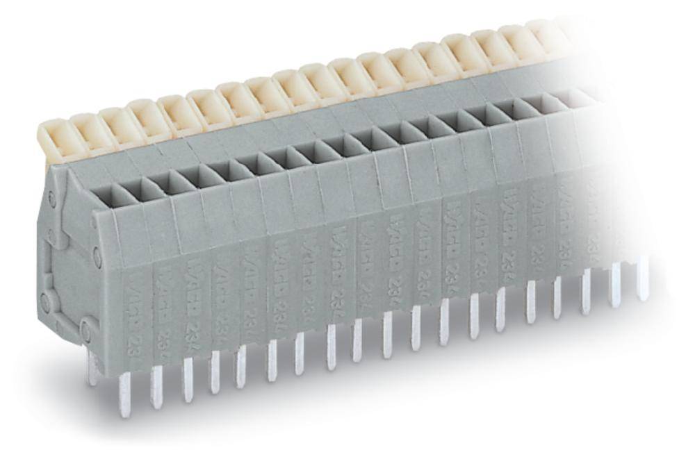 Un connettore elettrico grigio con più contatti bianchi disposti su due file, utilizzato per circuiti elettronici.