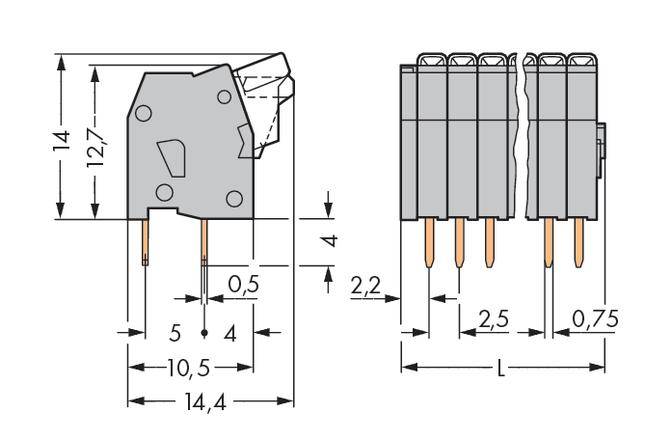 Disegno tecnico: Due viste di un connettore. A sinistra - vista laterale con dimensioni 14,4 x 12,7 mm. A destra - vista frontale, distanza di 2,5 mm tra i pin.