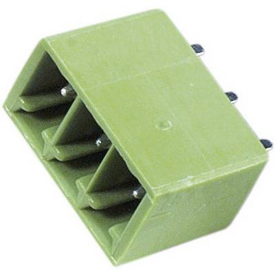 Connettore elettronico verde a quattro pin, vista laterale. Utilizzato per connessioni elettriche.