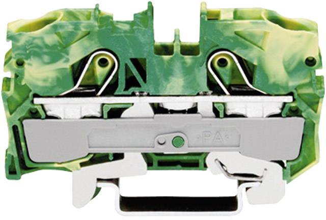 Blocco morsetti elettrici verde e giallo per cablaggio, con due connessioni e collegamenti metallici argentati visibili.