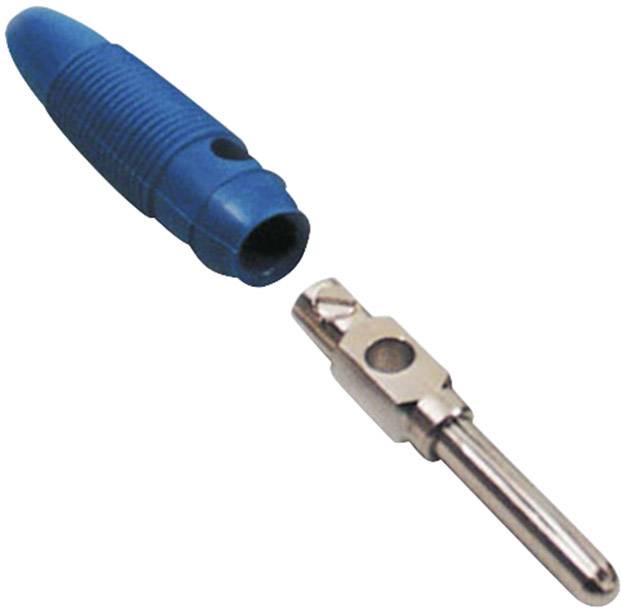 Due connettori: Un connettore blu e scanalato e un attacco metallico lucido, rappresentati separatamente uno accanto all'altro.