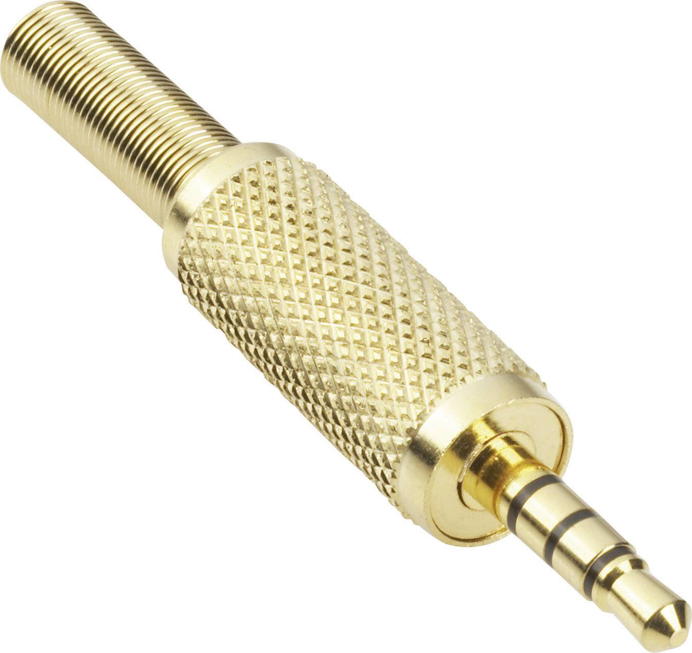 Connettore stereo dorato da 3,5 mm con impugnatura zigrinata, adatto per connessioni audio, mostra un primo piano dettagliato del connettore.