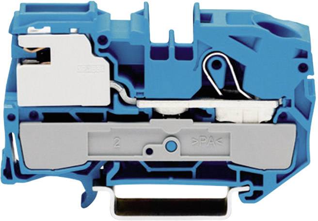 Un blocco morsetti elettrico modulare blu con struttura interna visibile e punti di connessione.