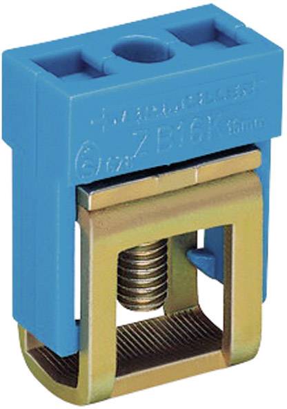 Morsetto a molla metallico con involucro blu in plastica, la parte superiore mostra il codice prodotto 'ZB16X'. Utilizzato per connessioni elettriche.