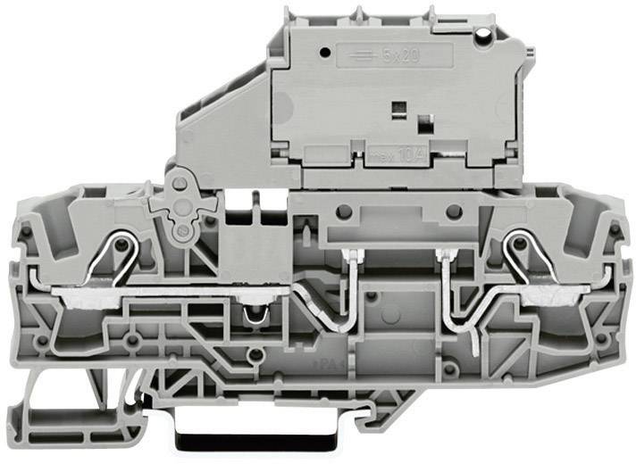 Una morsettiera elettrica grigia in plastica a fila, che mostra la struttura interna con connessioni metalliche e punti di fissaggio.