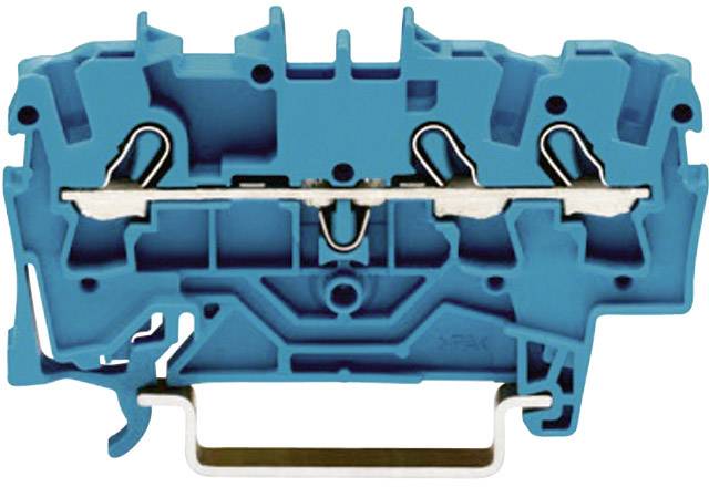 Blocco morsetti elettrico in serie con involucro blu, contatti metallici e clip di fissaggio inferiore.